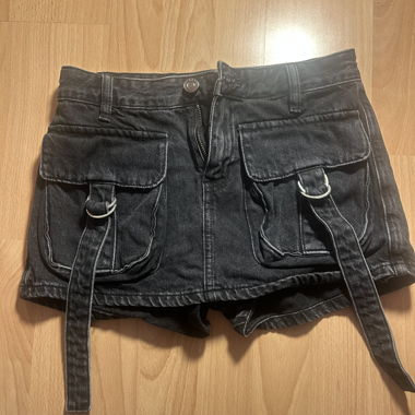 Black Utility Denim Shorts with D-Ring Straps