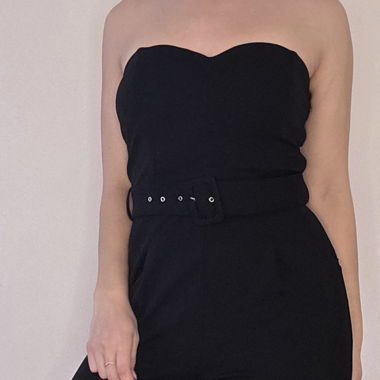 Black strapless jumpsuit with belt