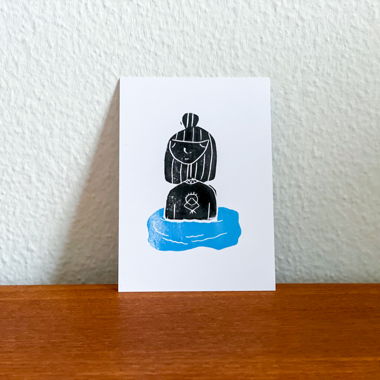 Lino print "Float" - Girl floating in a puddle