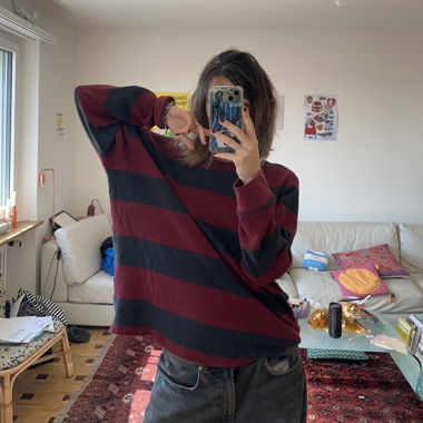 red stripe off the shoulder sweatshirt