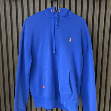 Blue hoodie with orange polo logo