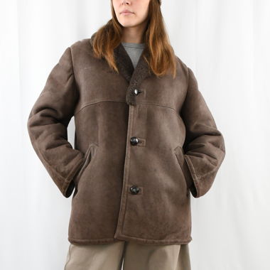Cappotto vintage in shearling marrone scuro, cappotto invernale in pura lana
