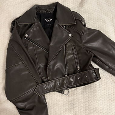 ZARA Giacca biker in ecopelle verde scuro, taglia S