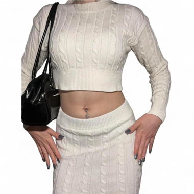 White knit long sleeve crop top and mini skirt set