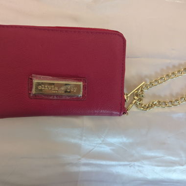 Pink card holder with gold chain