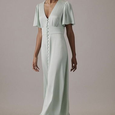 Robe longue verte menthe à patte boutonnée