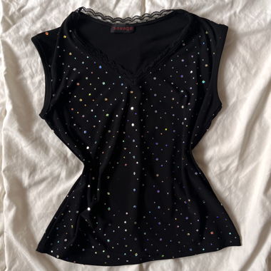 Savage Black Rhinestone Lace Trim Tank Top