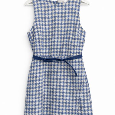 Abito a quadri con motivo pied de poule e cintura in jeans