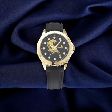 Goldene Uhr mit Tiger als Symbol.