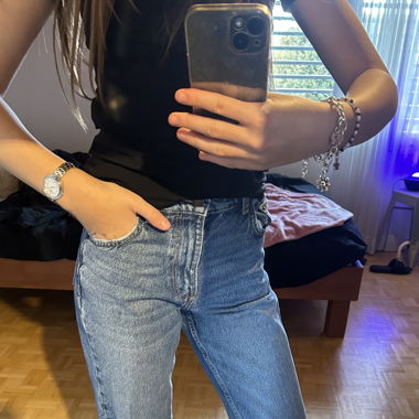 blaue high waist straight Jeans
