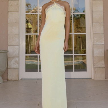 Yellow Satin Maxi Dress with Lace