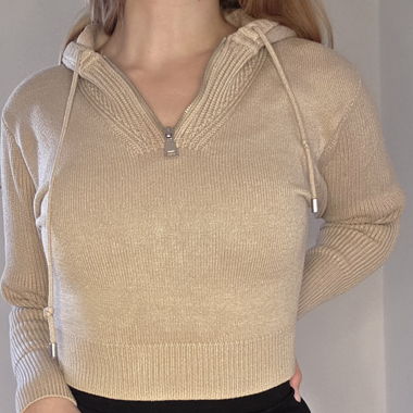 Beige knit cropped hoodie sweater