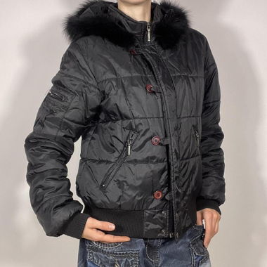 2000s black jacket with a fur hood
