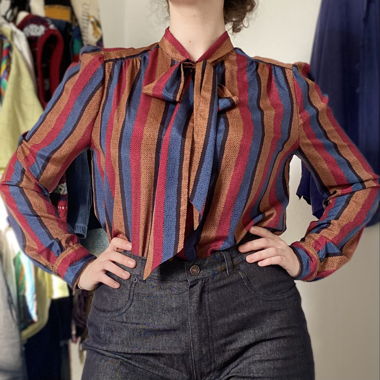 Vintage Colorful Striped Blouse with Bow Tie Neck