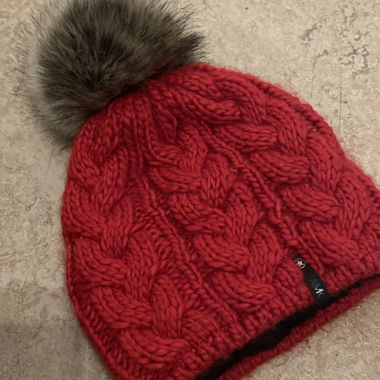 faux fur red pom pom knit beanie