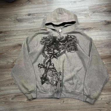 Sweat à capuche ample gris skate Y2k zippé