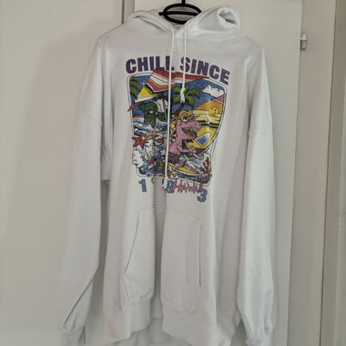 white hoodie with retro print