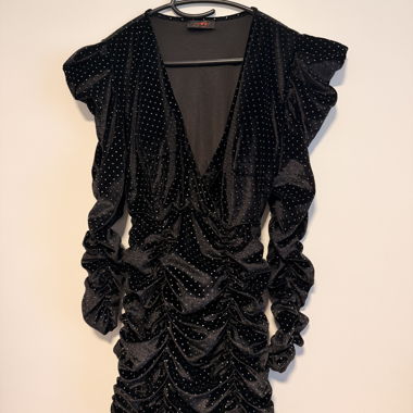 Black ruched polka dot mini dress
