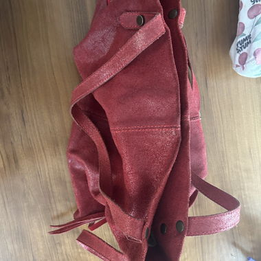 Red leather handbag