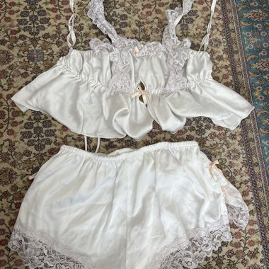 White Satin Pajamas with Lace