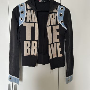Black Hooded Jacket with Denim Details