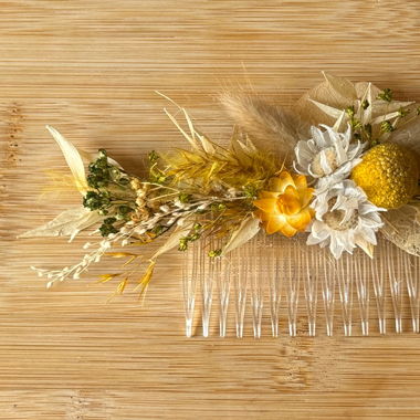 Peigne à cheveux en fleurs séchées jaune blanc