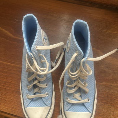 Light blue checkered Converse high-tops