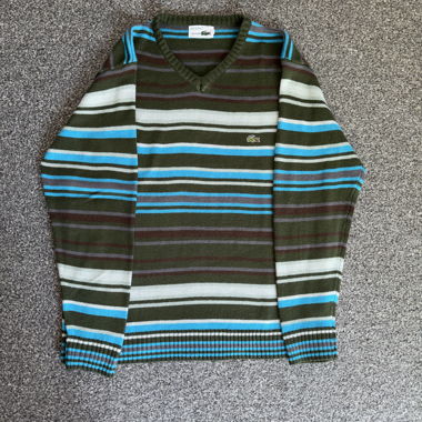 Pull Lacoste Vintage 90s Col V Rayé Multicolore 