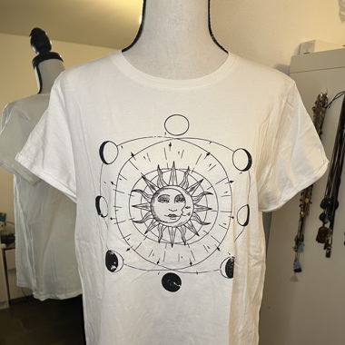 White T-Shirt with Sun Symbol - Size L