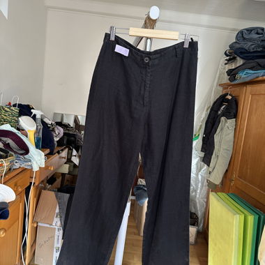straight leg black linen trousers