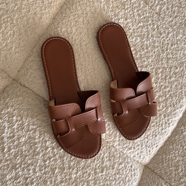 Brown leather like slide sandals