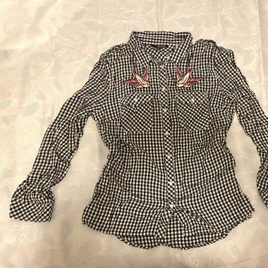 Blouse Checked Black & White with Pink Birds  