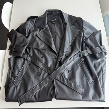 Black faux leather trench coat