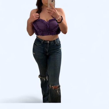 Crop top corto viola con ruches e spalline
