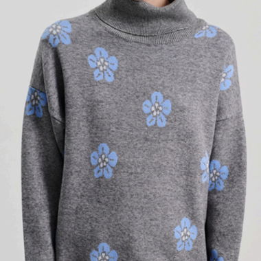 Grey Floral Turtleneck Sweater