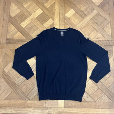 Sweatshirt bleu marine col V pure laine mérinos L