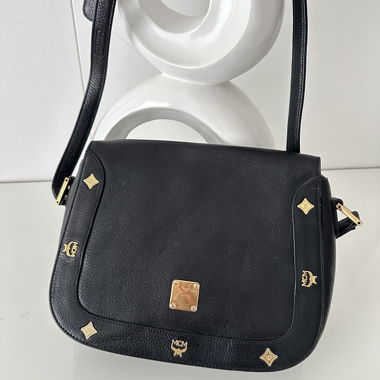 MCM Vintage Crossbody Bag Leather Black Gold