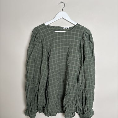 Green Plaid Puff Sleeve Blouse