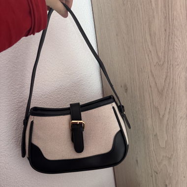 Sac baguette toile beige et cuir noir