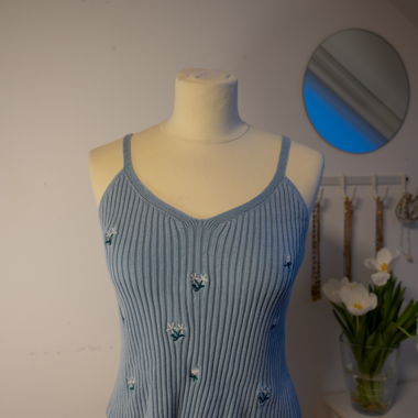 Ribbed blue cami top with embroidery