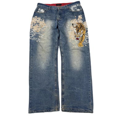 baggy embroidered japanese navy denim jeans