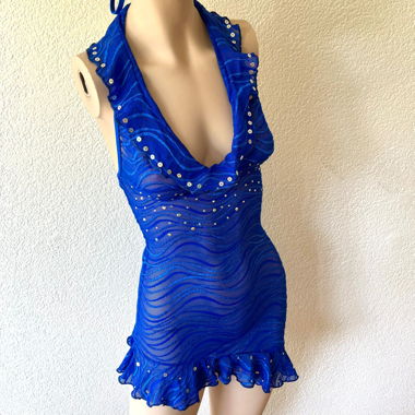 Y2K Royal Blue Sequin Halter Mini Dress 