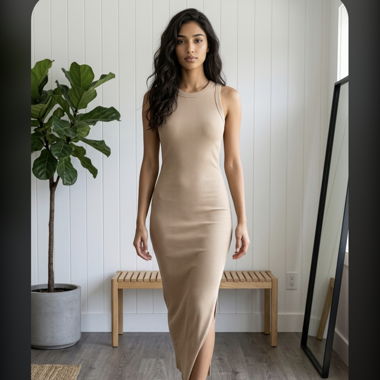 Beigefarbenes ärmelloses Langkleid