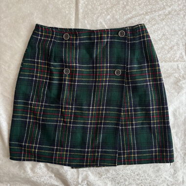 “Bliz” emerald green tartan plaid wrap mini skirt