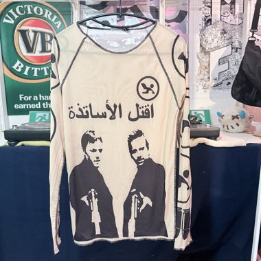 Beige and Black Long-Sleeve Graphic Top
