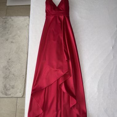 Red satin evening dress