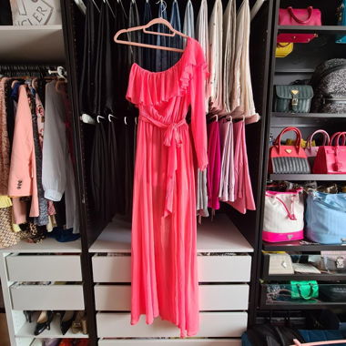 FashionNova Pink Chiffron One Shoulder Maxi Dress