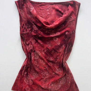 Floral Red Sleeveless Top with Draped Collar