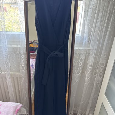Dark blue jumpsuit with tie belt