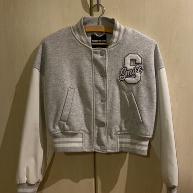 Gray cropped varsity jacket